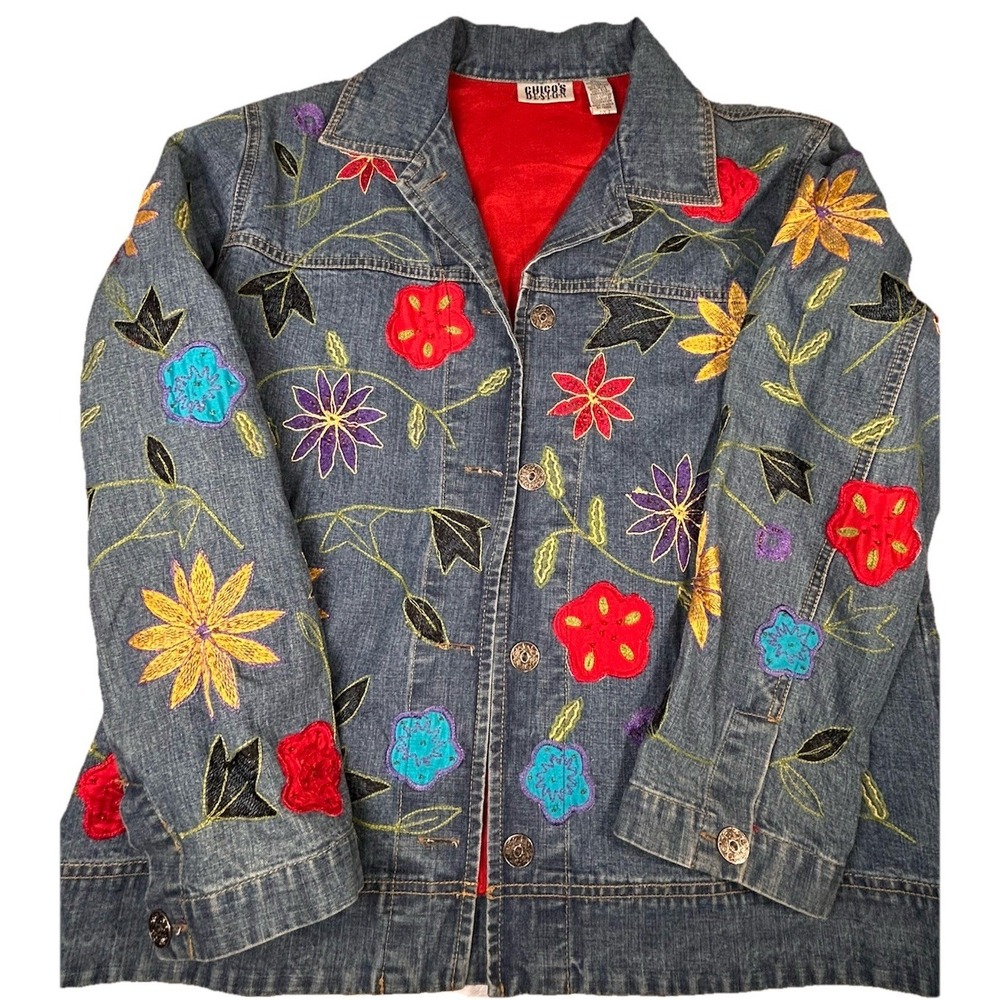 Women's Chico's‎ Design Y2K sz 1 Denim Floral Embroidered Jean Jacket Vtg Med